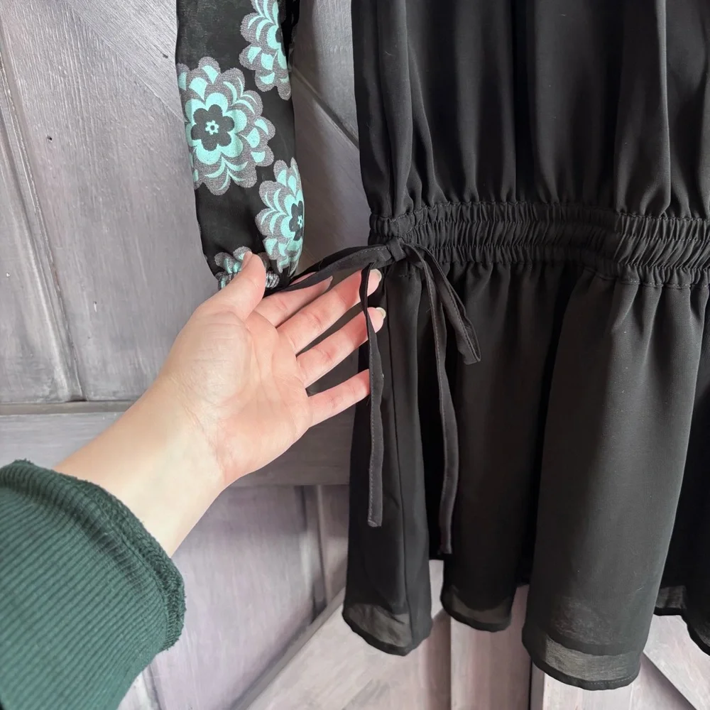 DESIGUAL Black Drop Waist‎ Flowy Dress Printed sleeves Size M - Picture 13 of 14
